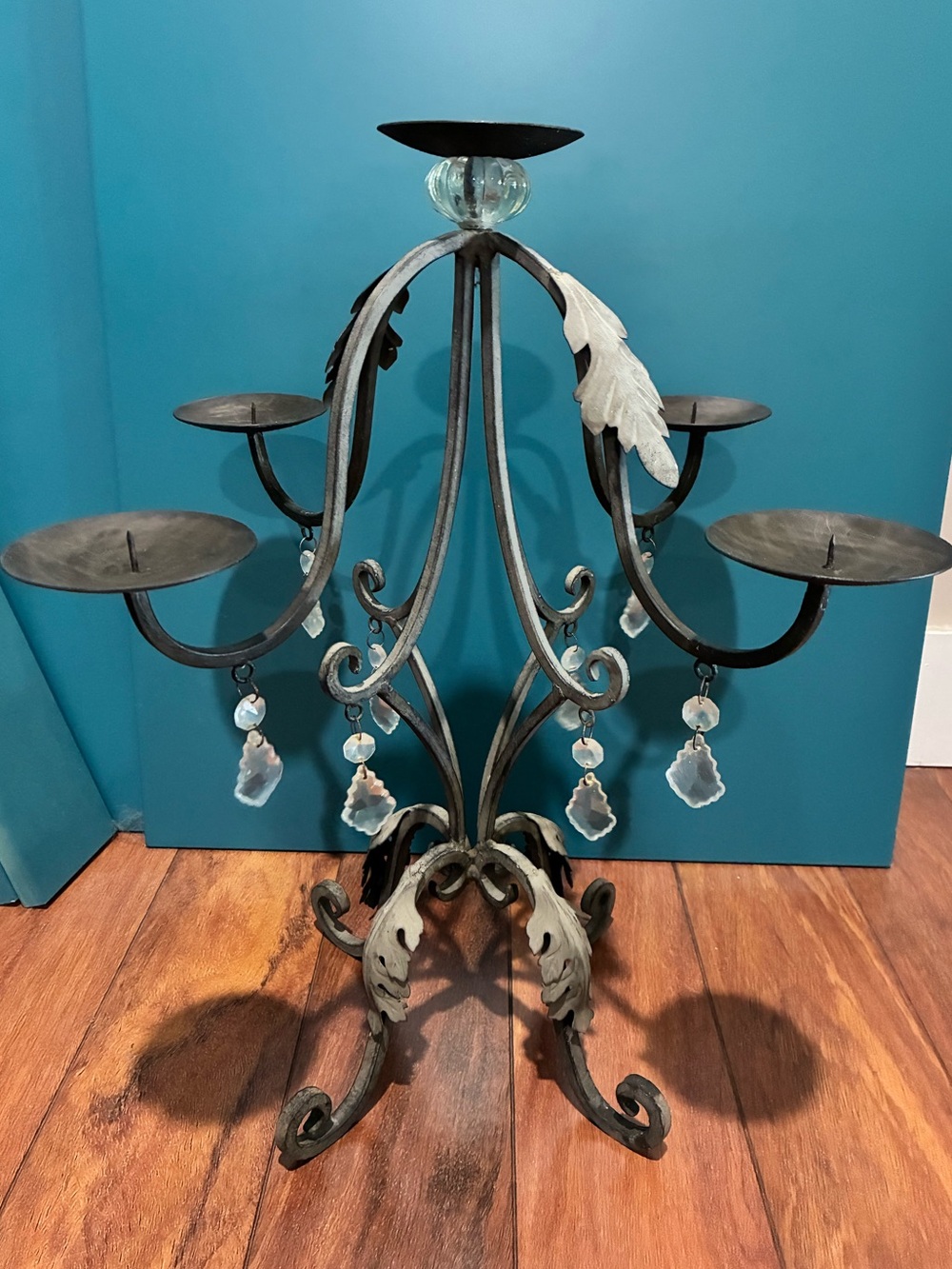 Ornamental Black Metal 5-Arm Candle Holder with Silver Accents